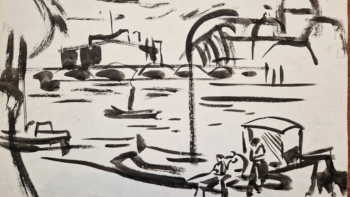 Jules Emile Zingg 1882-1942 Quai de Seine à Paris Encre de chine-photo-2