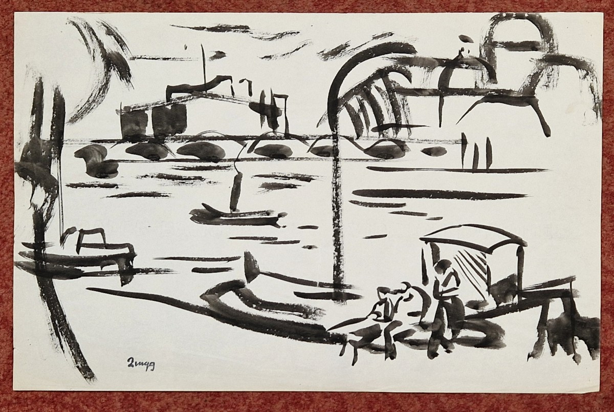 Jules Emile Zingg 1882-1942 Quai de Seine à Paris Encre de chine