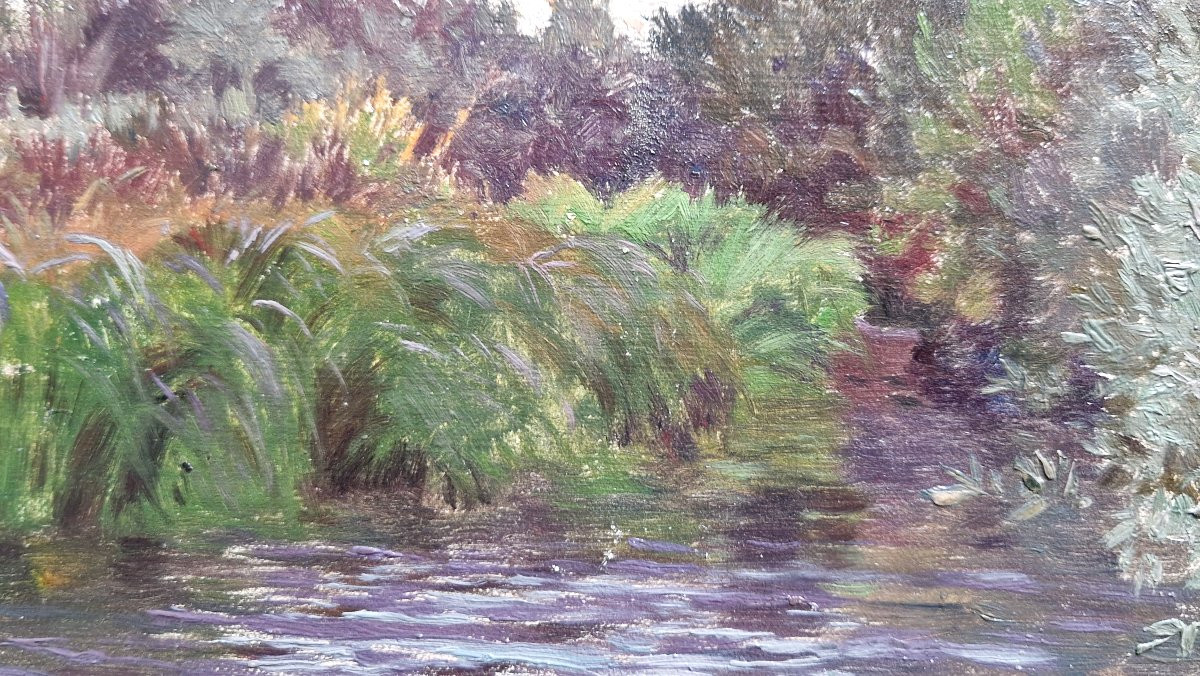 Arthur Calame 1843-1918 Rivière dans les bois Huile sur papier-photo-3