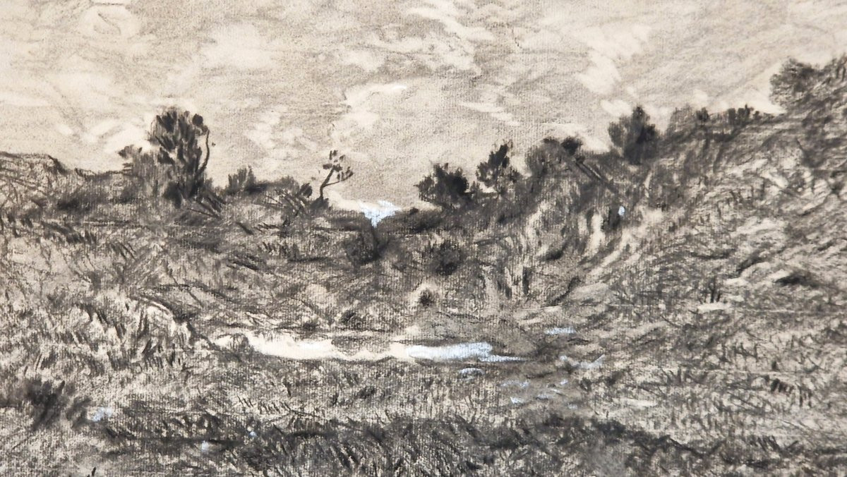 Henri Harpignies 1819-1916 Paysage de l'Allier Fusain et craie blanche-photo-2