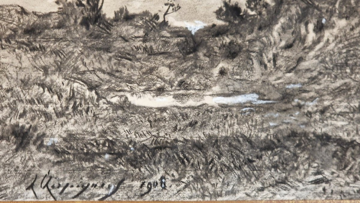 Henri Harpignies 1819-1916 Paysage de l'Allier Fusain et craie blanche-photo-3
