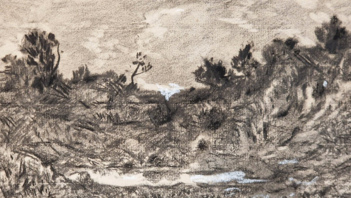 Henri Harpignies 1819-1916 Paysage de l'Allier Fusain et craie blanche-photo-4