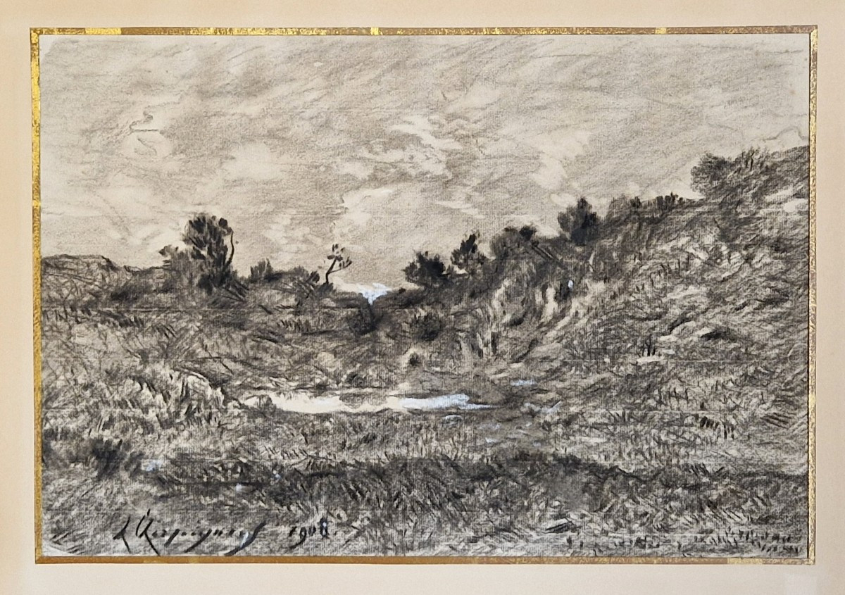 Henri Harpignies 1819-1916 Paysage de l'Allier Fusain et craie blanche