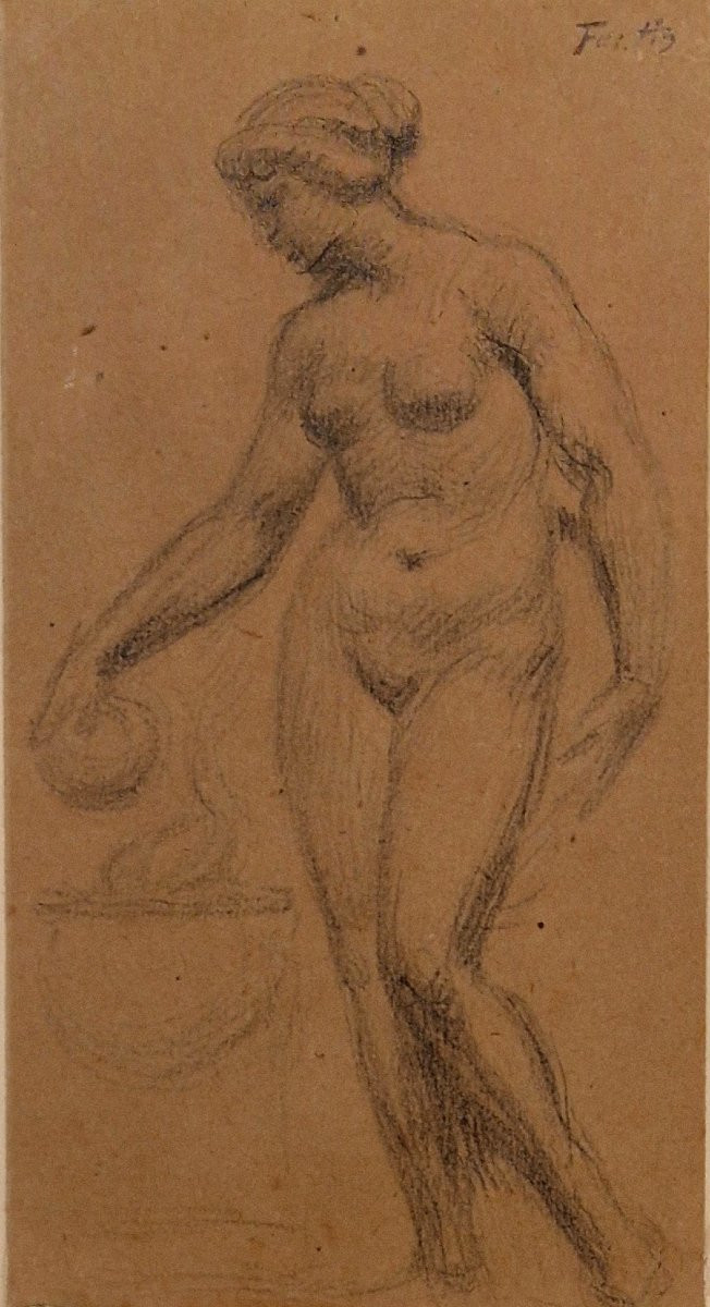 Henri Fantin-latour 1836-1904 Female Nude Or The Offering Black Pencil Drawing On Brown Paper-photo-2