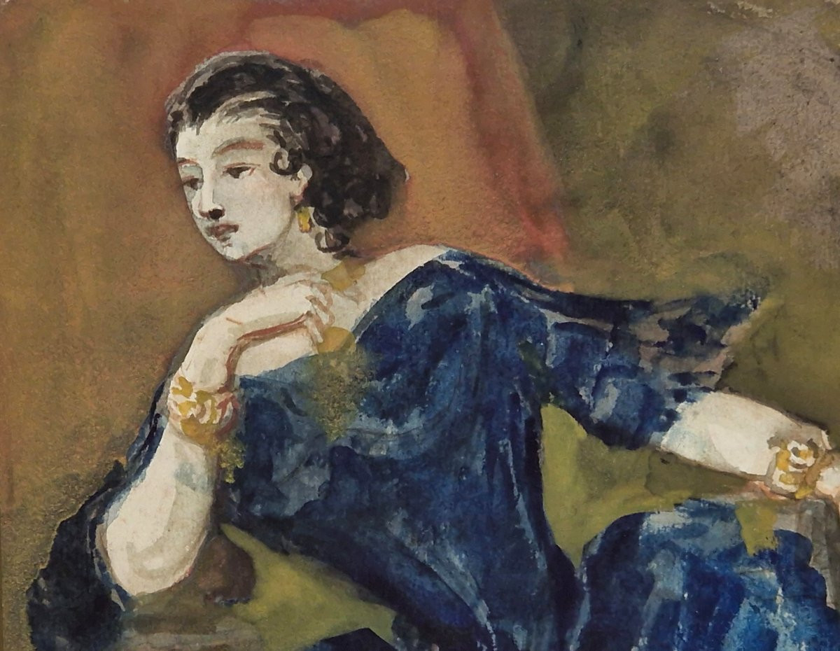 Constantin Guys 1802-1892 Woman In A Blue Dress Watercolor And Gouache-photo-2