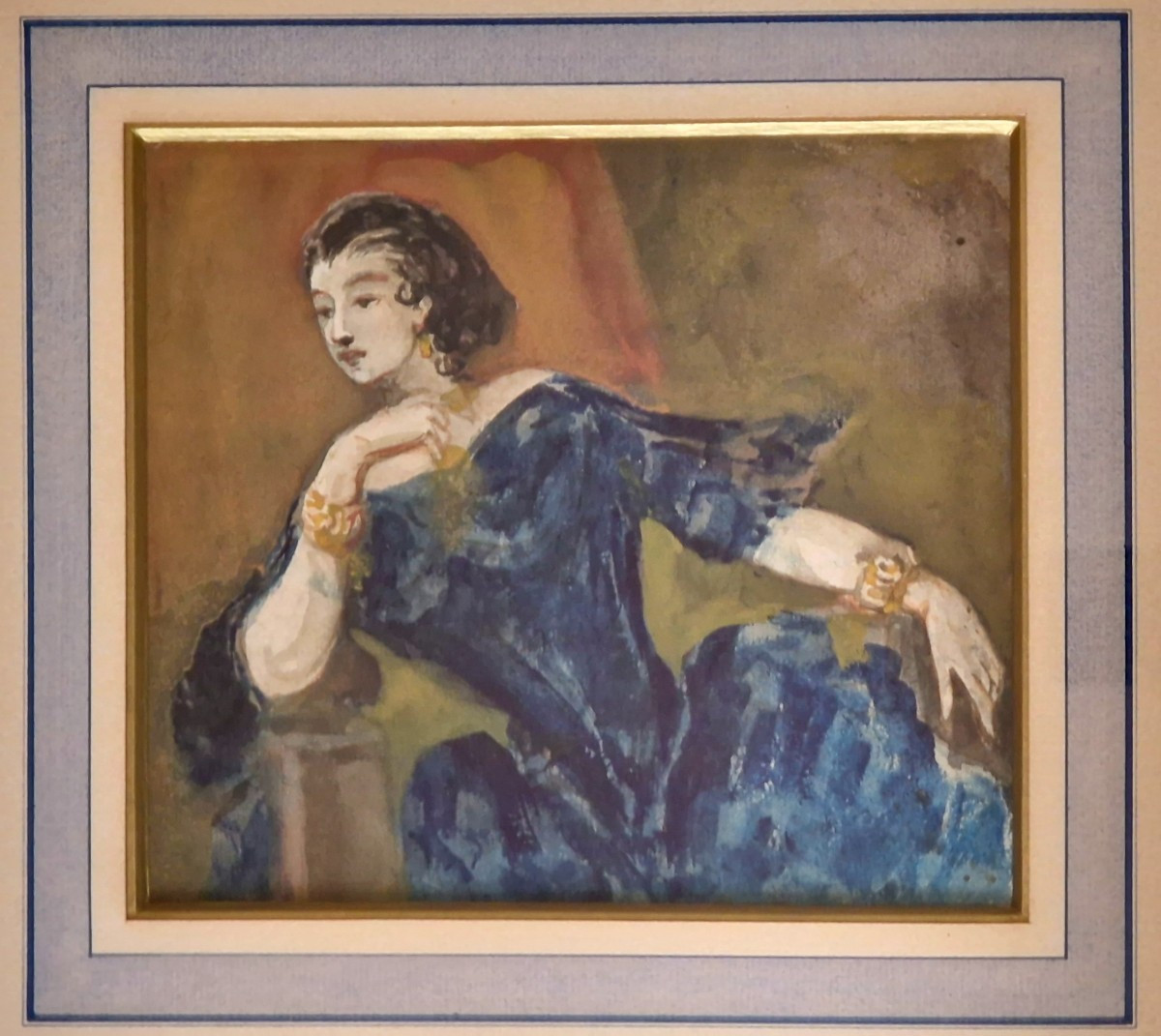 Constantin Guys 1802-1892 Woman In A Blue Dress Watercolor And Gouache