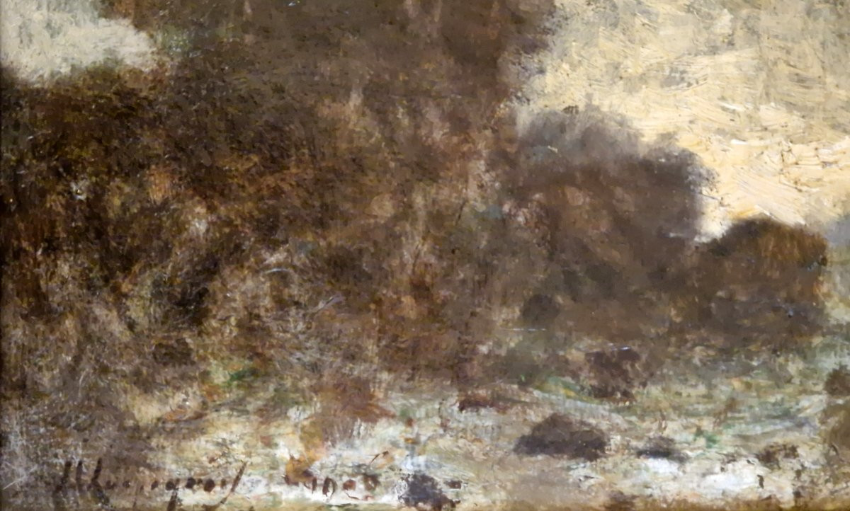 Henri Harpignies 1819-1916 Rivière au crépuscule Huile sur carton-photo-3