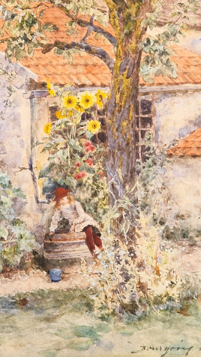 Marie Désiré Bourgoin 1839-1911 Little Girl With Sunflowers And A Well Watercolor-photo-2