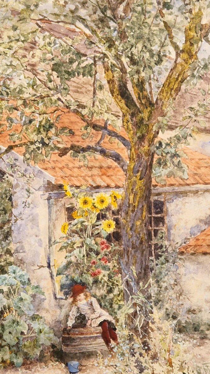 Marie Désiré Bourgoin 1839-1911 Little Girl With Sunflowers And A Well Watercolor-photo-4