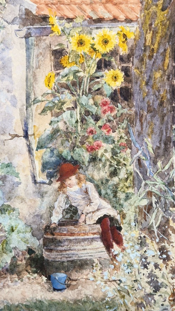 Marie Désiré Bourgoin 1839-1911 Little Girl With Sunflowers And A Well Watercolor-photo-1