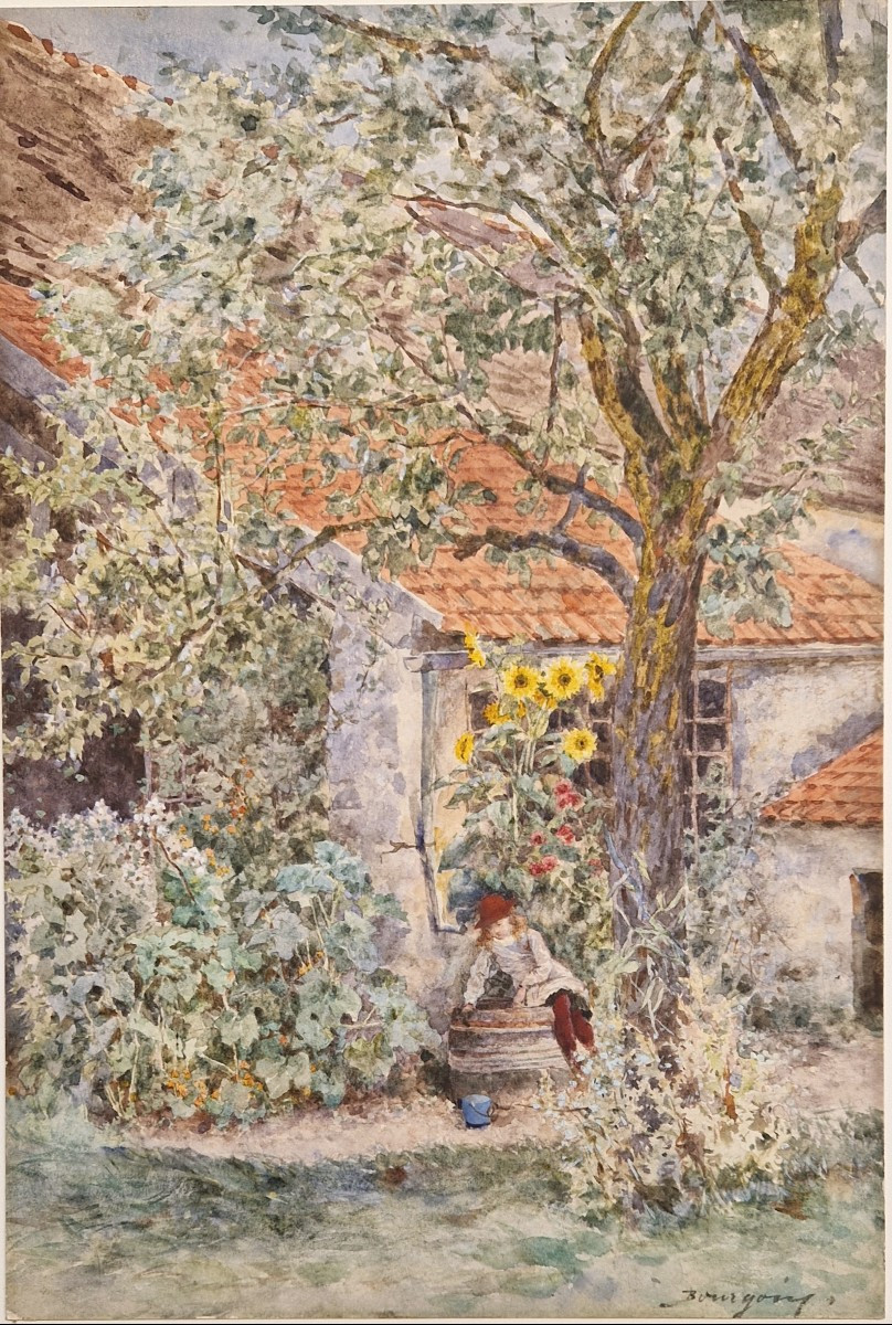 Marie Désiré Bourgoin 1839-1911 Little Girl With Sunflowers And A Well Watercolor