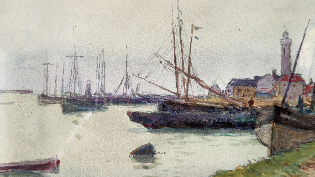 Alexis Louis De Broca 1868-1948 The Port Of Gravelines Watercolor-photo-2