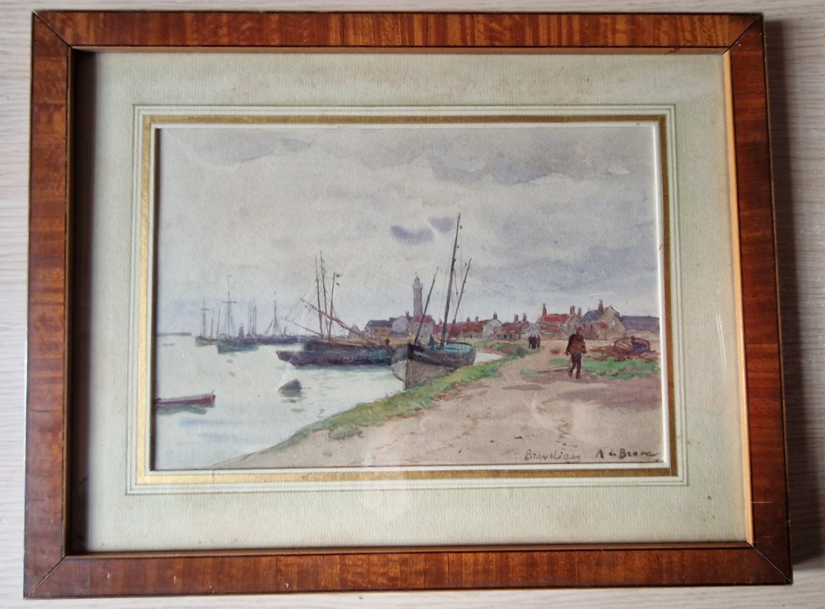 Alexis Louis De Broca 1868-1948 The Port Of Gravelines Watercolor-photo-1