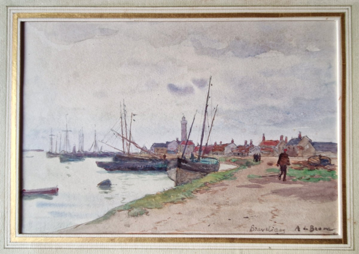 Alexis Louis De Broca 1868-1948 The Port Of Gravelines Watercolor