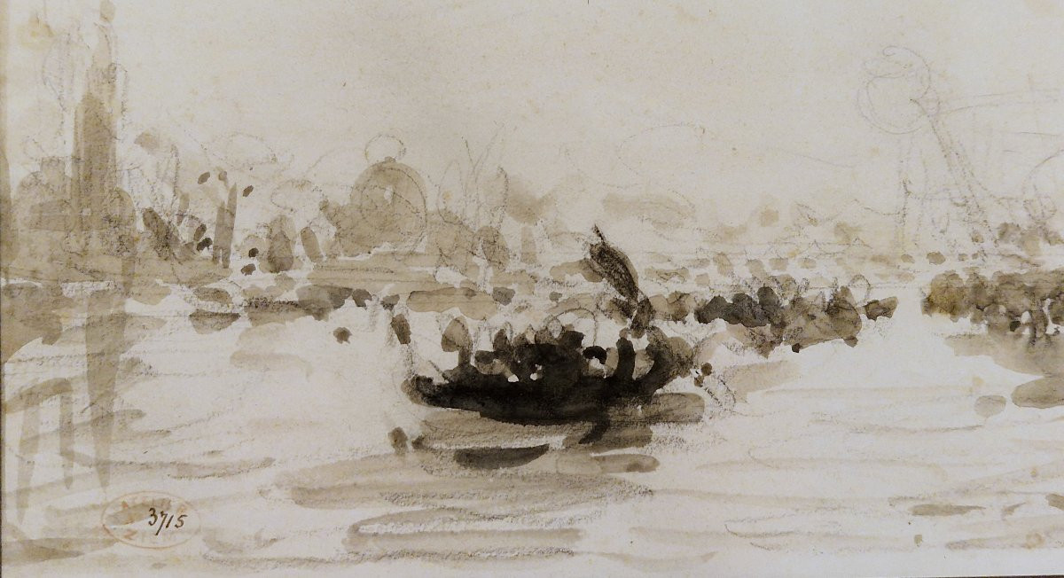 Félix Ziem 1821-1911 Venice On The Grand Canal Grey Wash Drawing-photo-2