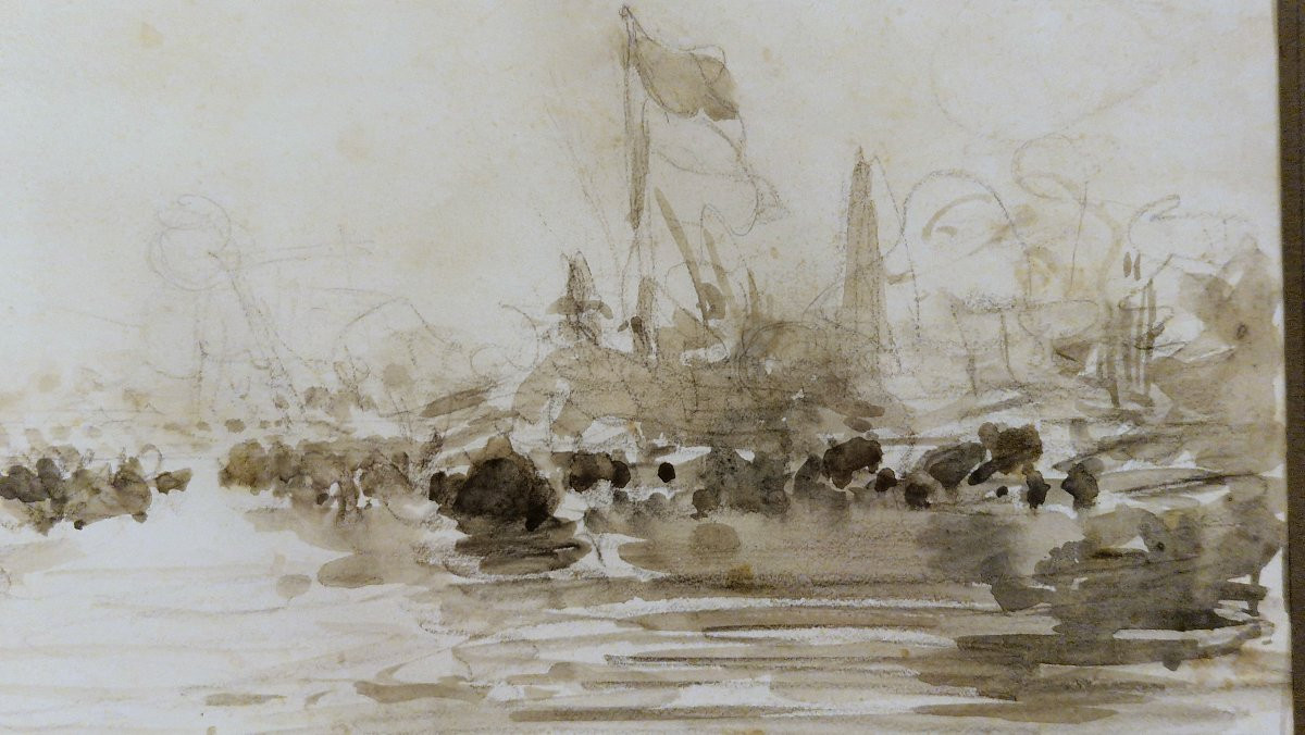 Félix Ziem 1821-1911 Venice On The Grand Canal Grey Wash Drawing-photo-3