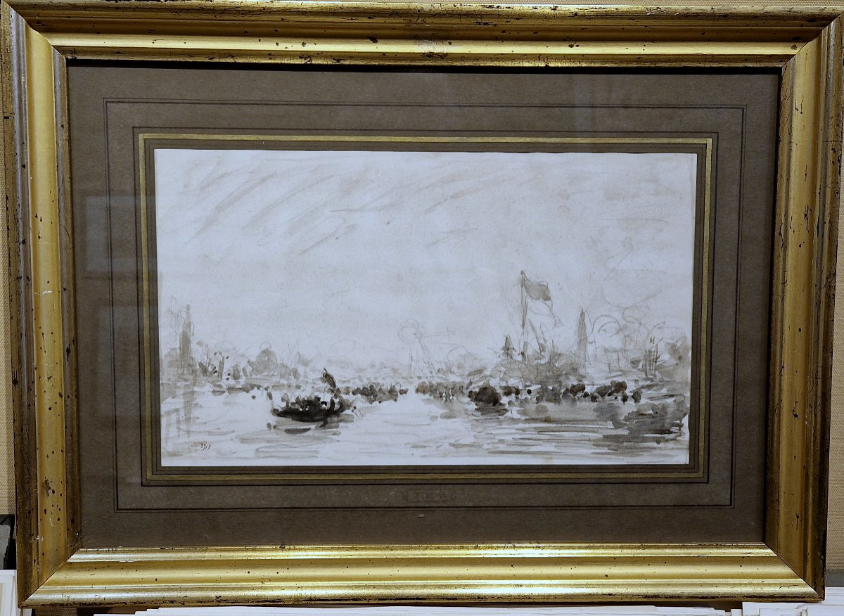 Félix Ziem 1821-1911 Venice On The Grand Canal Grey Wash Drawing-photo-1
