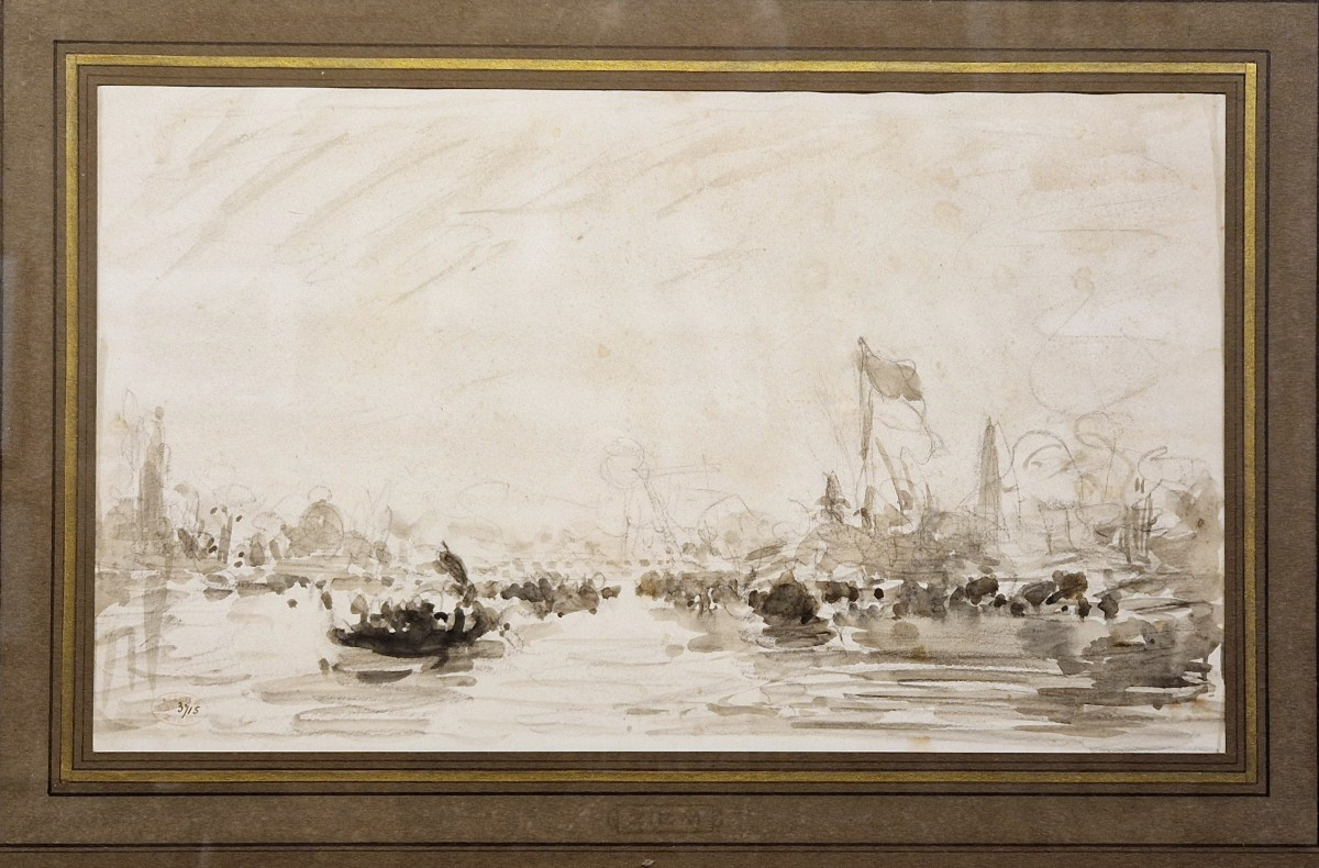 Félix Ziem 1821-1911 Venice On The Grand Canal Grey Wash Drawing