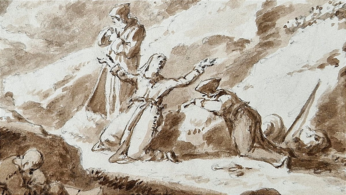 Jean Antoine Constantin d'Aix 1756-1844 Moines en prière en Italie Dessin au lavis brun-photo-1