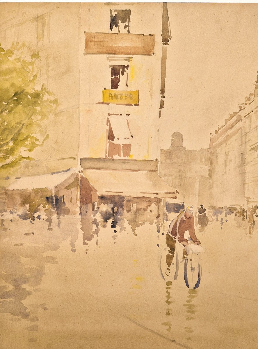 Francis Garat Born 1853 Cyclist In Paris Watercolor-photo-2