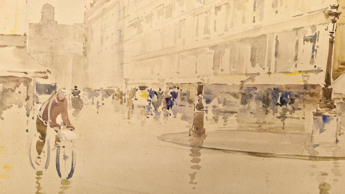 Francis Garat Born 1853 Cyclist In Paris Watercolor-photo-1