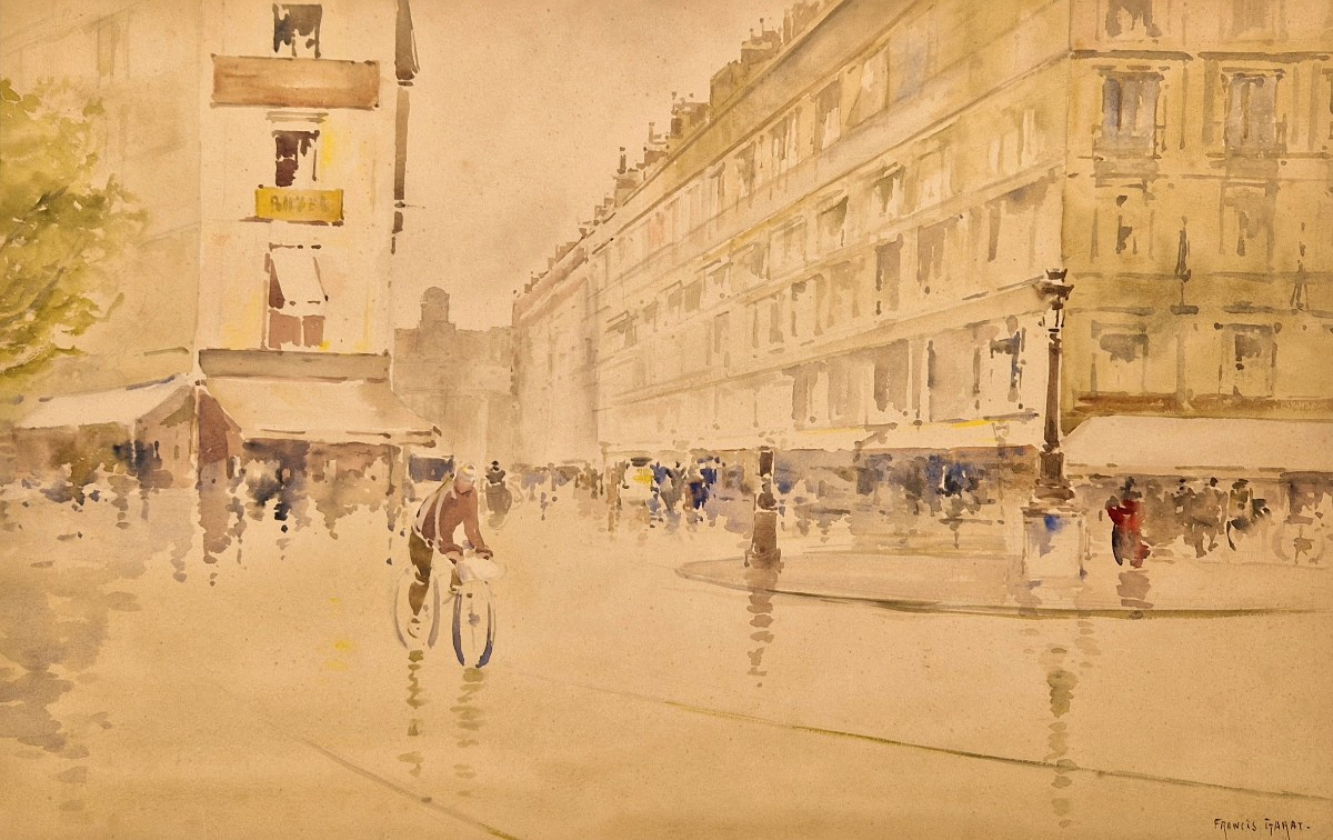 Francis Garat Born 1853 Cyclist In Paris Watercolor