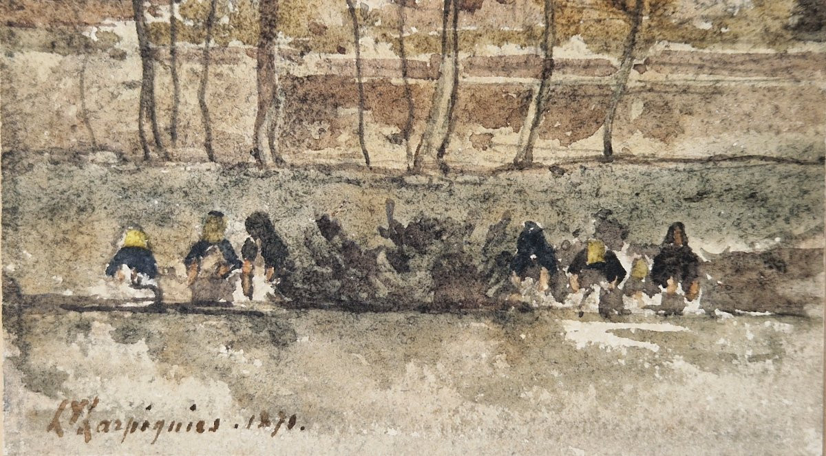 Henri Harpignies 1819-1916 Lavandières à Hérisson Watercolor-photo-1