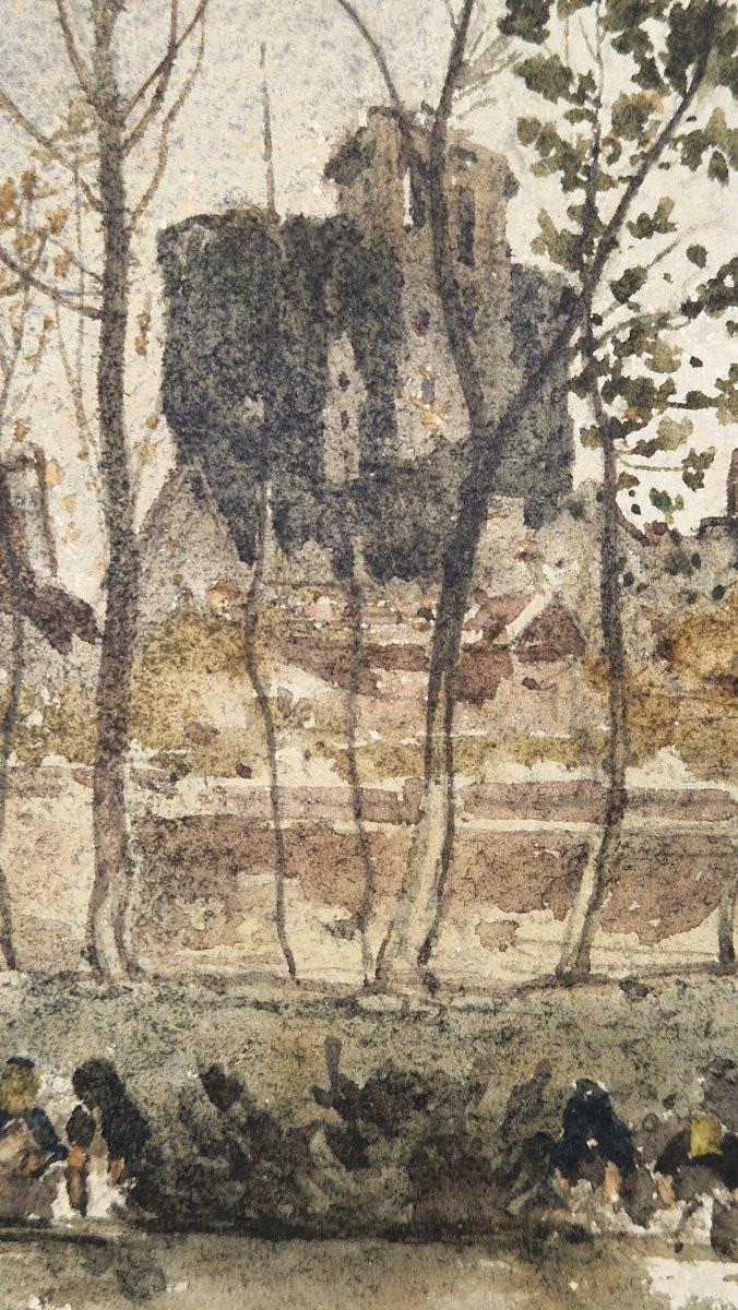 Henri Harpignies 1819-1916 Lavandières à Hérisson Watercolor-photo-2