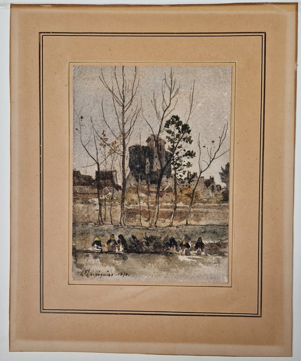 Henri Harpignies 1819-1916 Lavandières à Hérisson Watercolor-photo-3