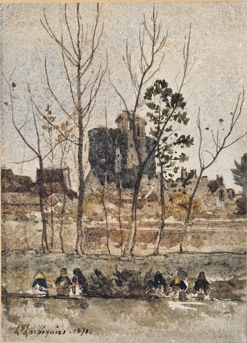 Henri Harpignies 1819-1916 Lavandières à Hérisson Watercolor
