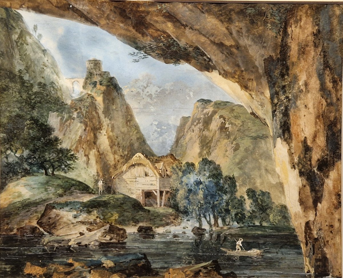 Louis Gabriel Moreau 1740-1806 Paysage à l'étang Vu Depuis Une Grotte Gouache On Vellum-photo-2