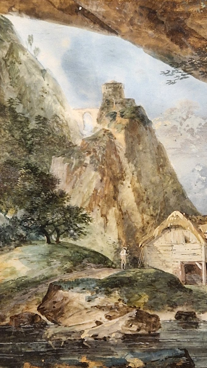 Louis Gabriel Moreau 1740-1806 Paysage à l'étang Vu Depuis Une Grotte Gouache On Vellum-photo-3