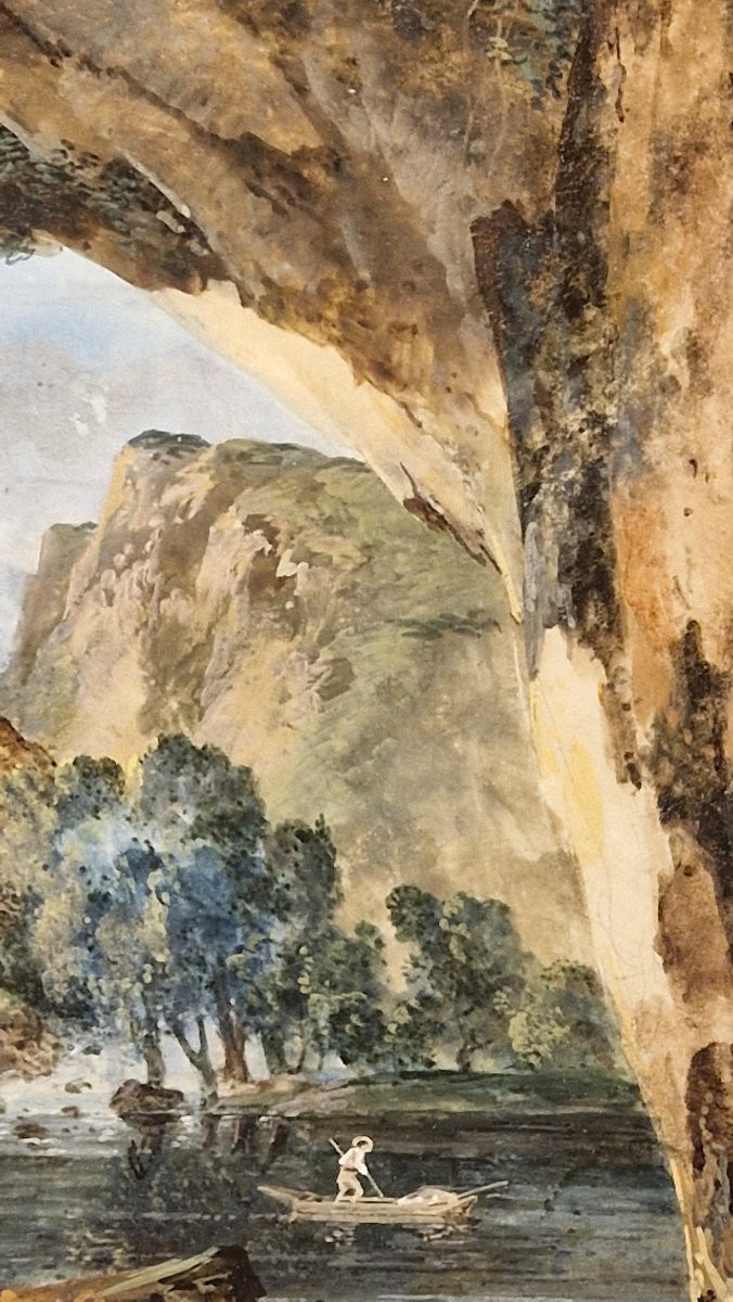 Louis Gabriel Moreau 1740-1806 Paysage à l'étang Vu Depuis Une Grotte Gouache On Vellum-photo-4