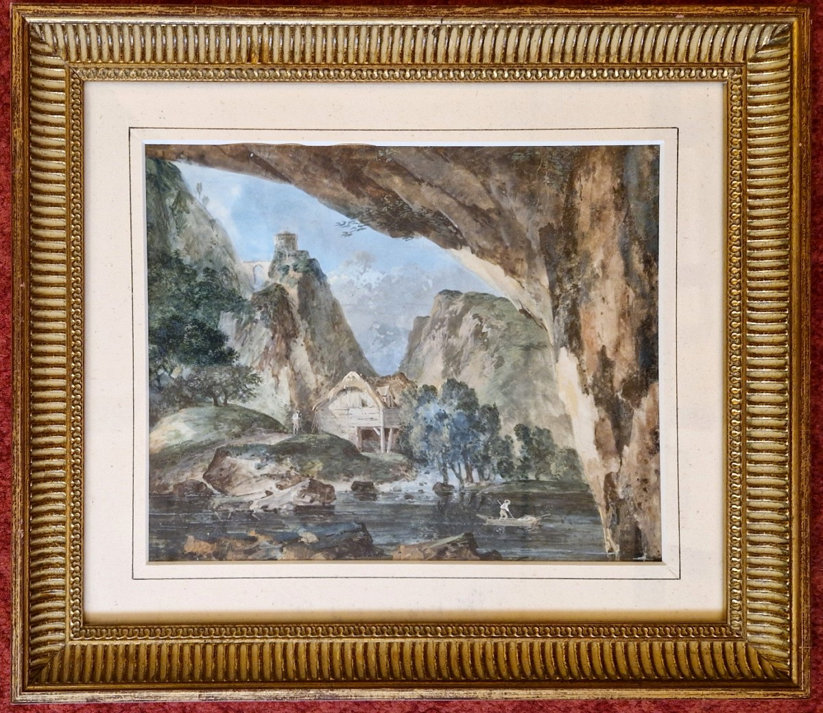 Louis Gabriel Moreau 1740-1806 Paysage à l'étang Vu Depuis Une Grotte Gouache On Vellum