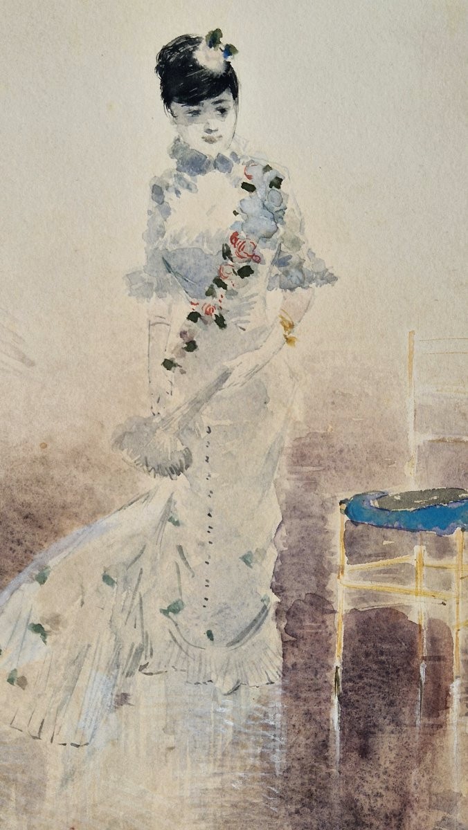 Jean-louis Forain 1852-1931 Elégante à l'éventail en plumes Aquarelle et gouache-photo-2