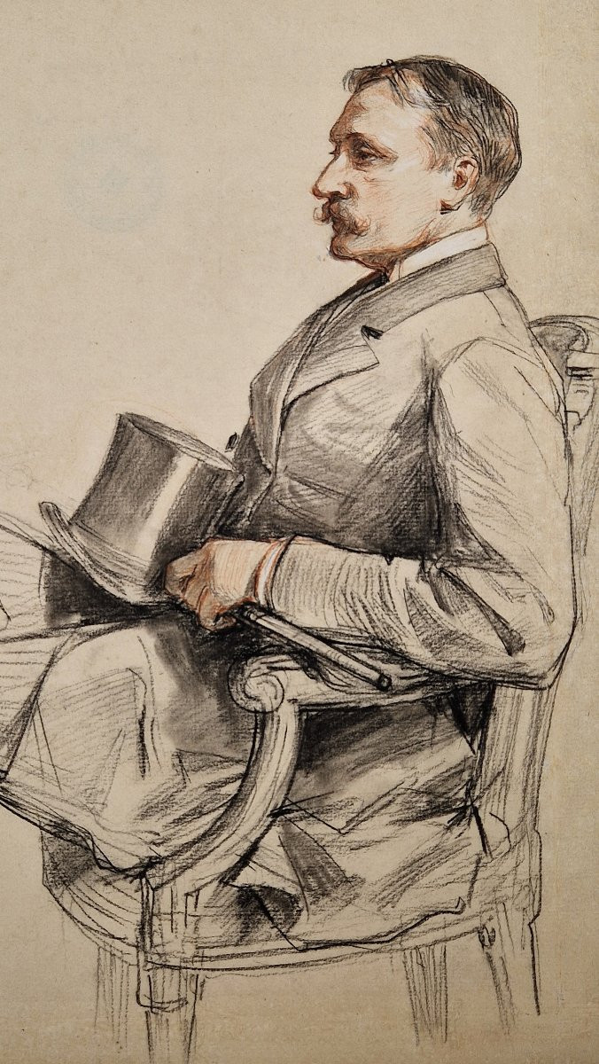 Paul Mathey 1844-1929 Portrait d'homme au haut de forme Crayon noir et sanguine-photo-2