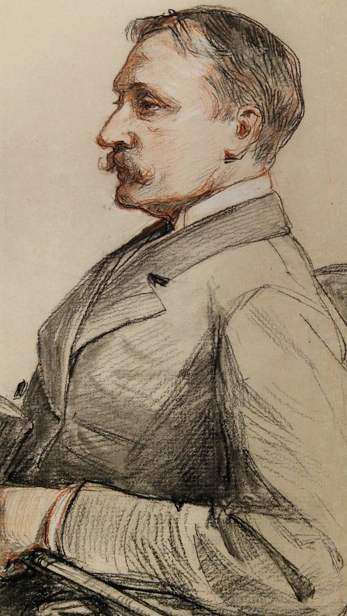 Paul Mathey 1844-1929 Portrait d'homme au haut de forme Crayon noir et sanguine-photo-3
