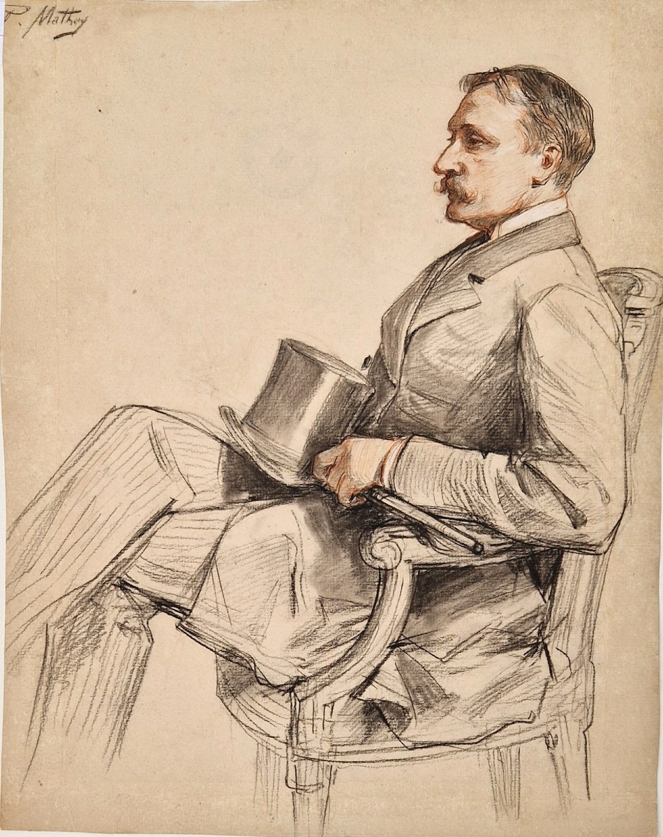 Paul Mathey 1844-1929 Portrait d'homme au haut de forme Crayon noir et sanguine