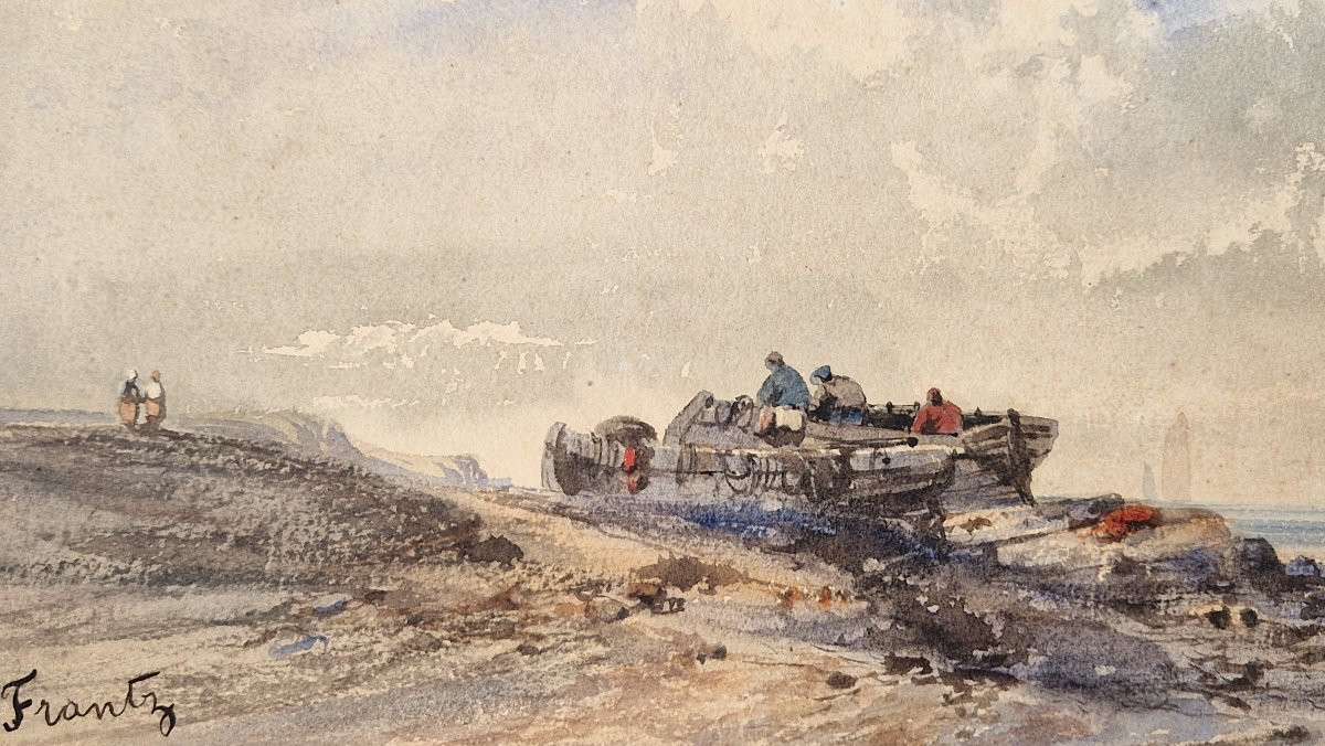 F. Frantz Active In The 19th Century Fishermen On The Shore Watercolor-photo-2