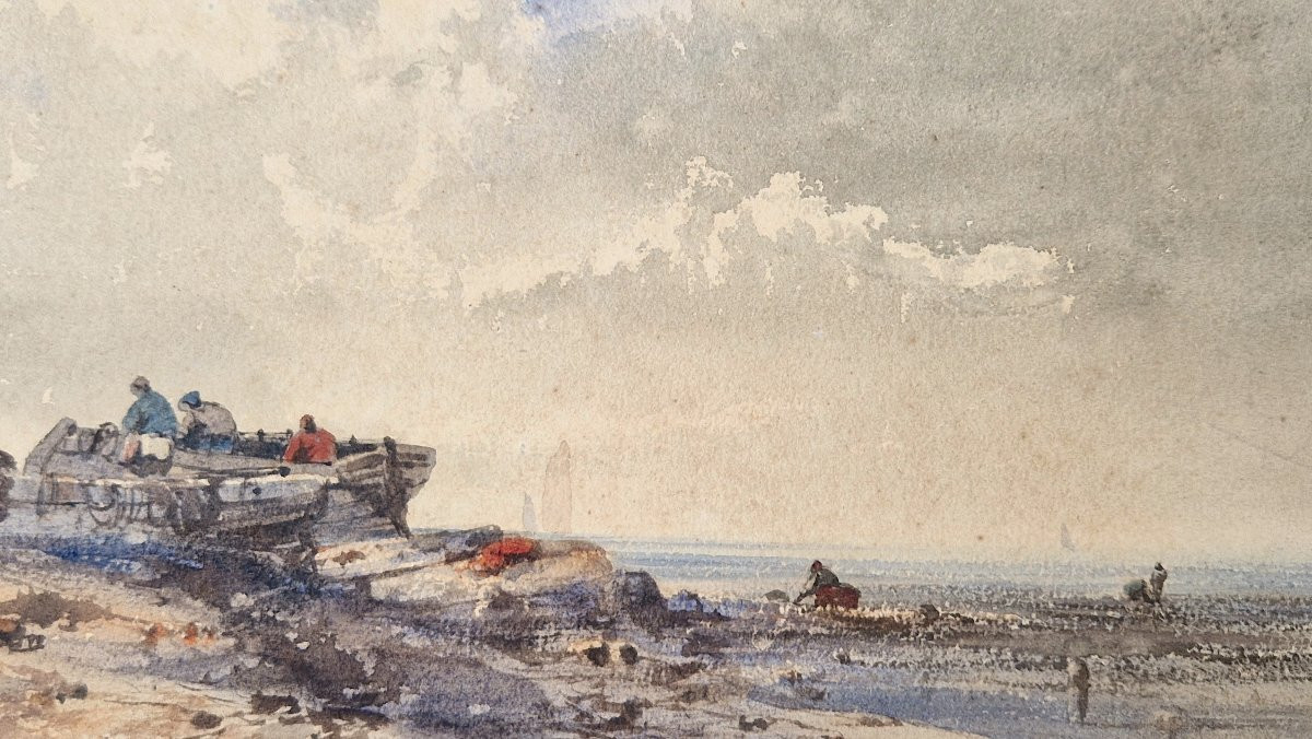 F. Frantz Active In The 19th Century Fishermen On The Shore Watercolor-photo-3