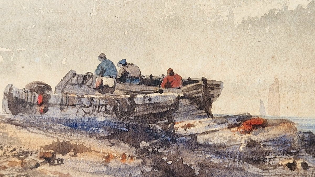 F. Frantz Active In The 19th Century Fishermen On The Shore Watercolor-photo-4