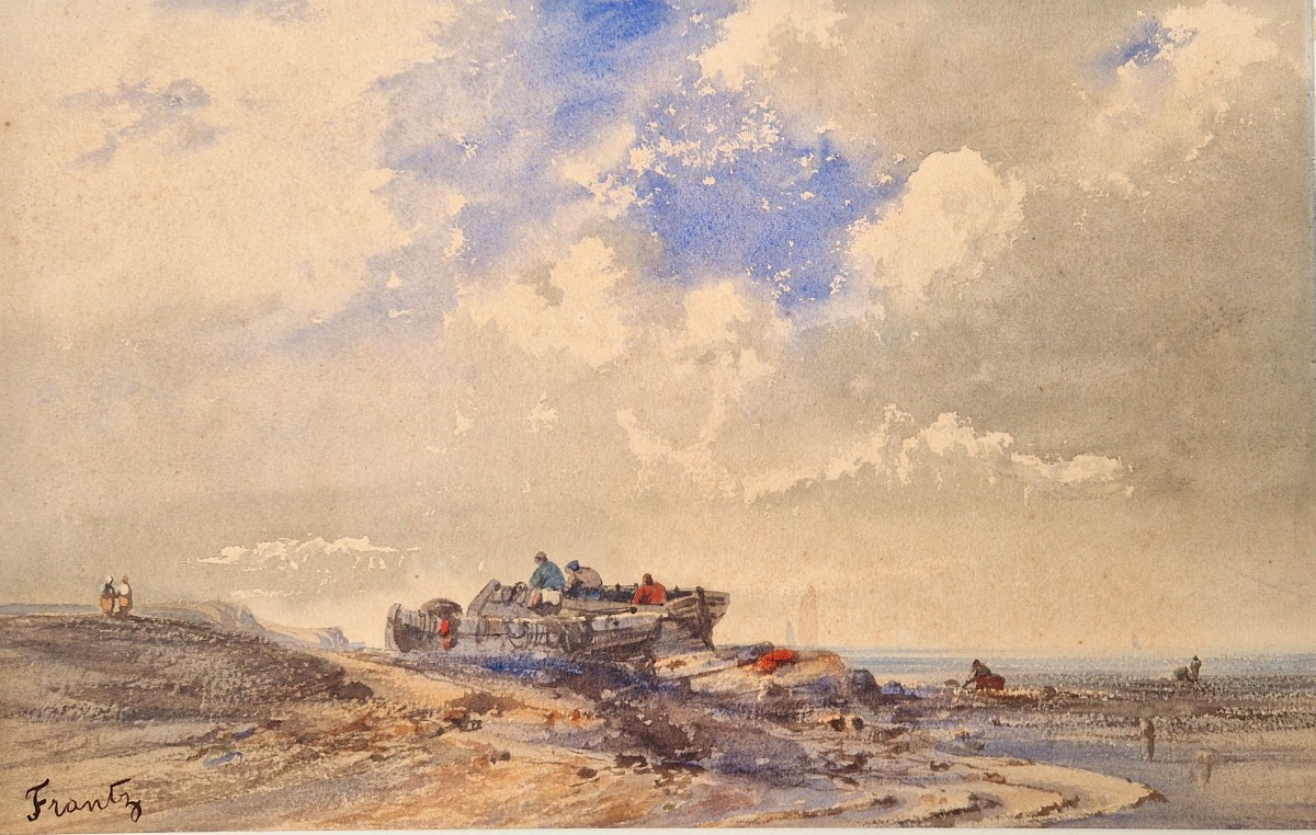 F. Frantz Active In The 19th Century Fishermen On The Shore Watercolor
