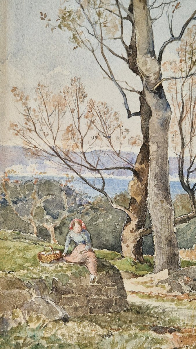 Henri Mouren 1844-1926 Young Girl By The Sea Watercolor-photo-2