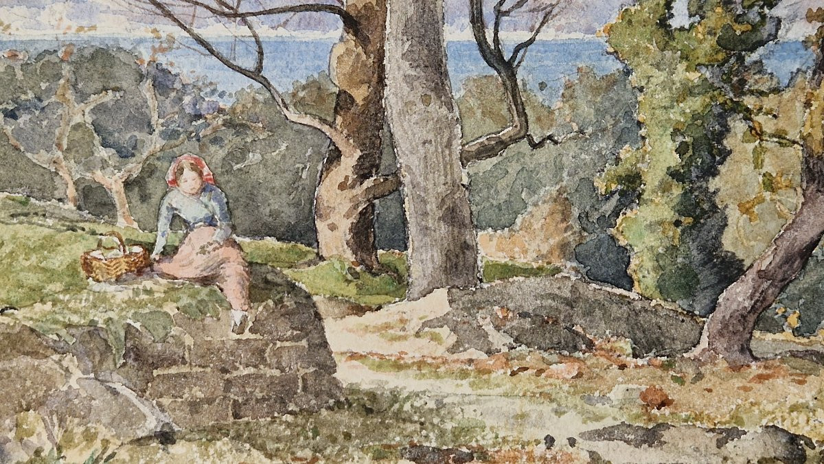 Henri Mouren 1844-1926 Young Girl By The Sea Watercolor-photo-1