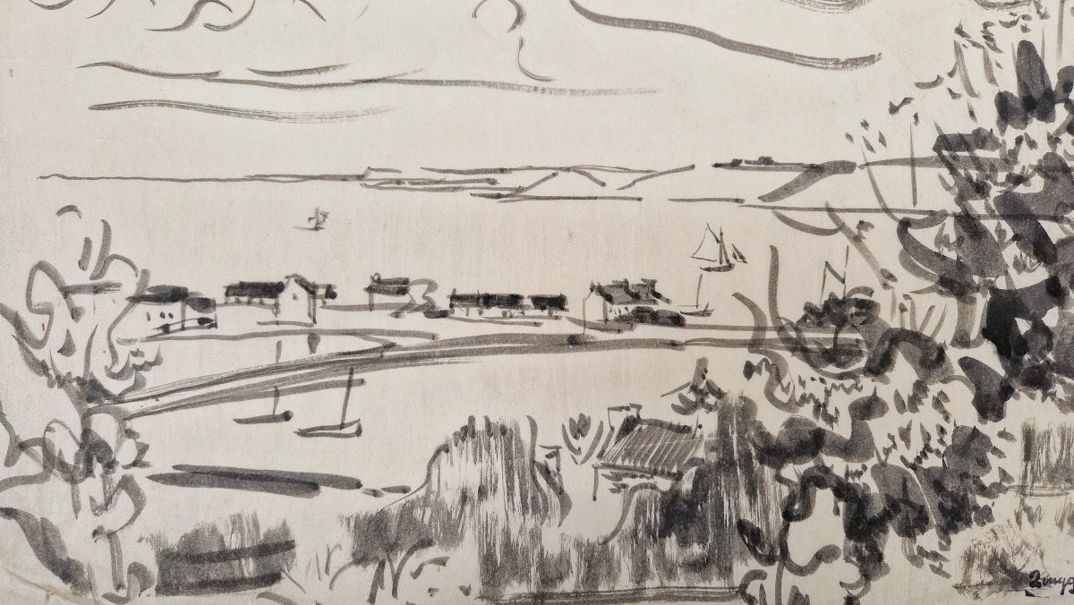 Jules Emile Zingg 1882-1942 Port Breton Indian Ink Drawing On Japanese Paper-photo-2