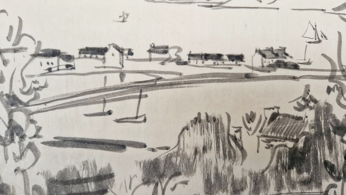 Jules Emile Zingg 1882-1942 Port Breton Indian Ink Drawing On Japanese Paper-photo-3