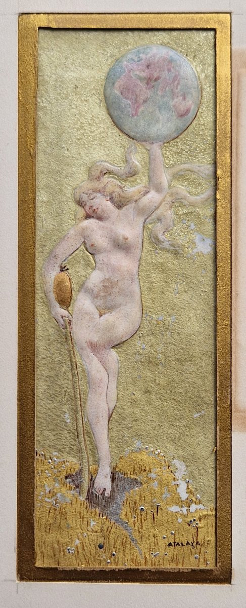 Enrique Atalaya 1851-1913 Symbolist Figures Oil And Gouache On Vellum And Embossed Leather-photo-2