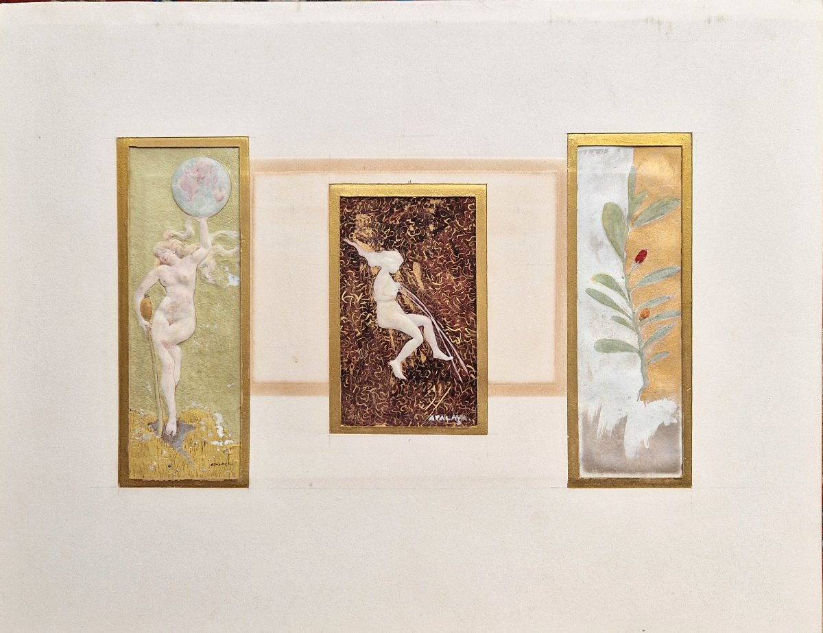 Enrique Atalaya 1851-1913 Symbolist Figures Oil And Gouache On Vellum And Embossed Leather-photo-2