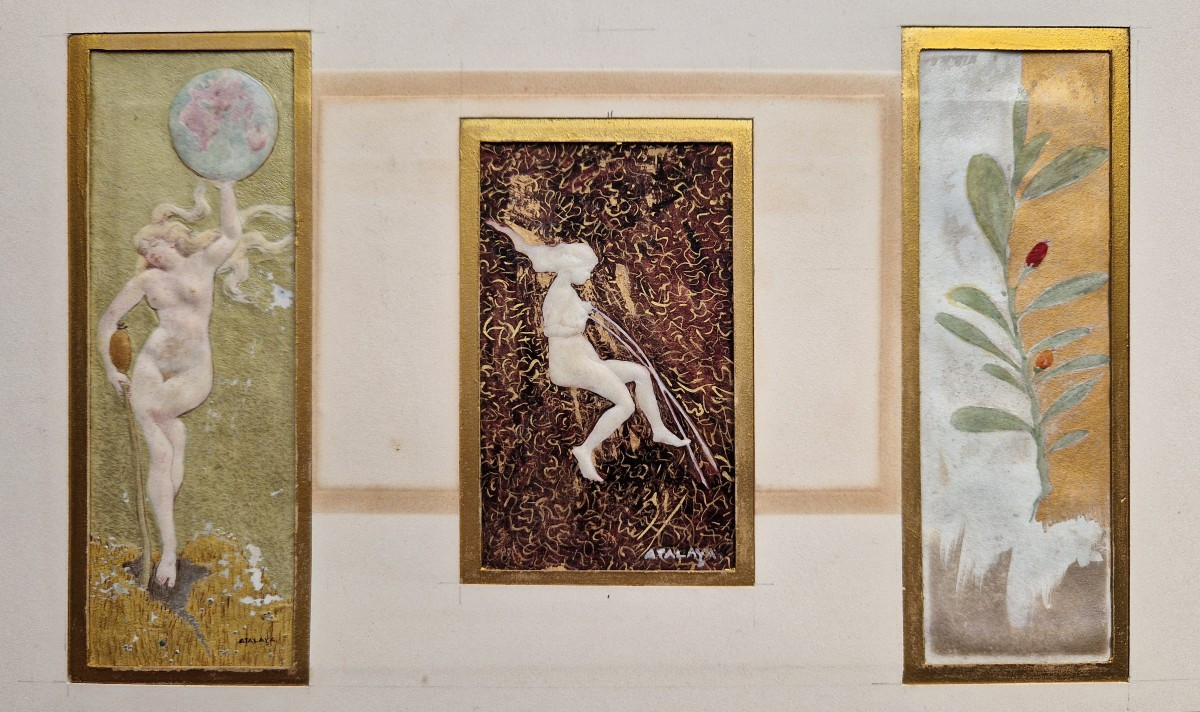Enrique Atalaya 1851-1913 Symbolist Figures Oil And Gouache On Vellum And Embossed Leather