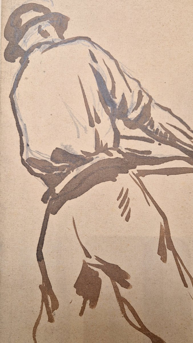 Maximilien Luce 1858-1941 Homme au travail Dessin au lavis brun-photo-2